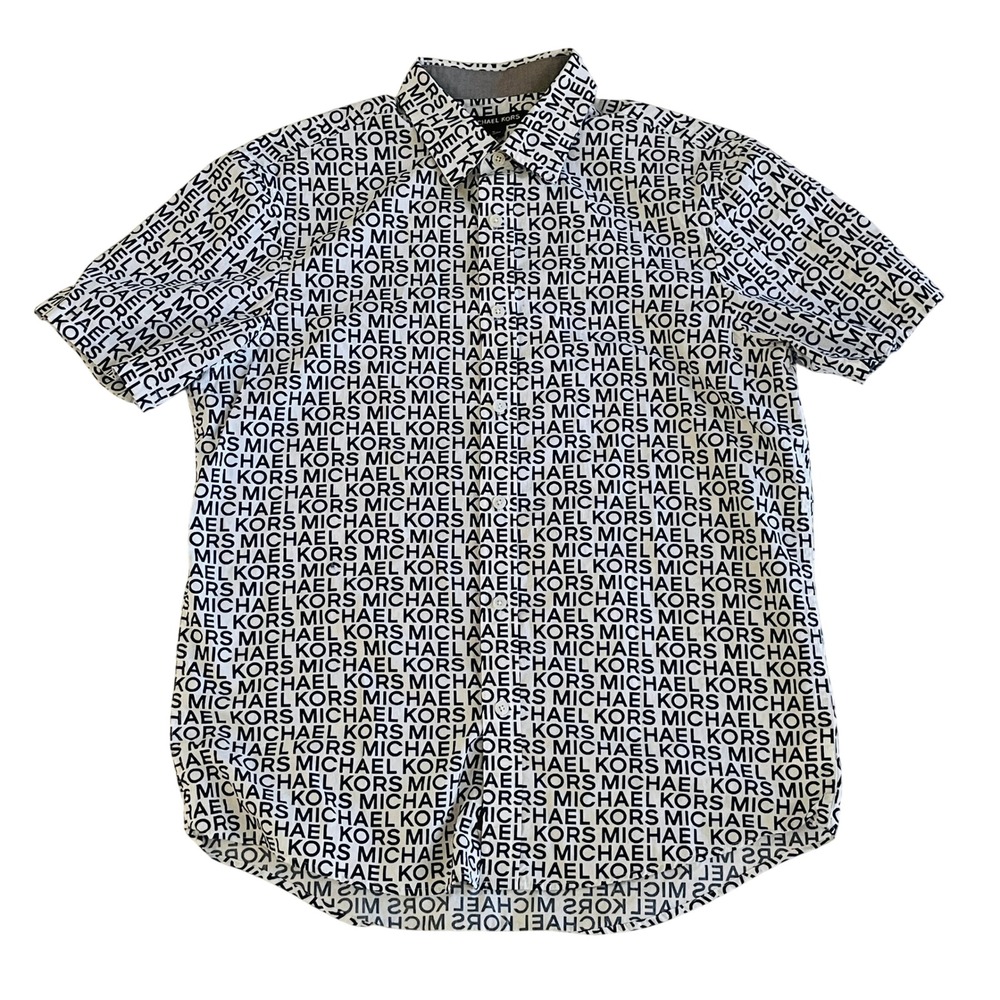 Michael Kors Button Down Shirt Mens Medium Classic Fit Logo Print White Black